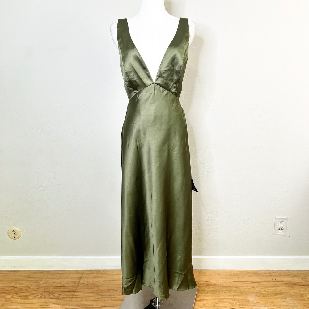 Lulus Dress Satin Midi Cutout Size Large Olive Green Deep V-Neck Sleeveless New